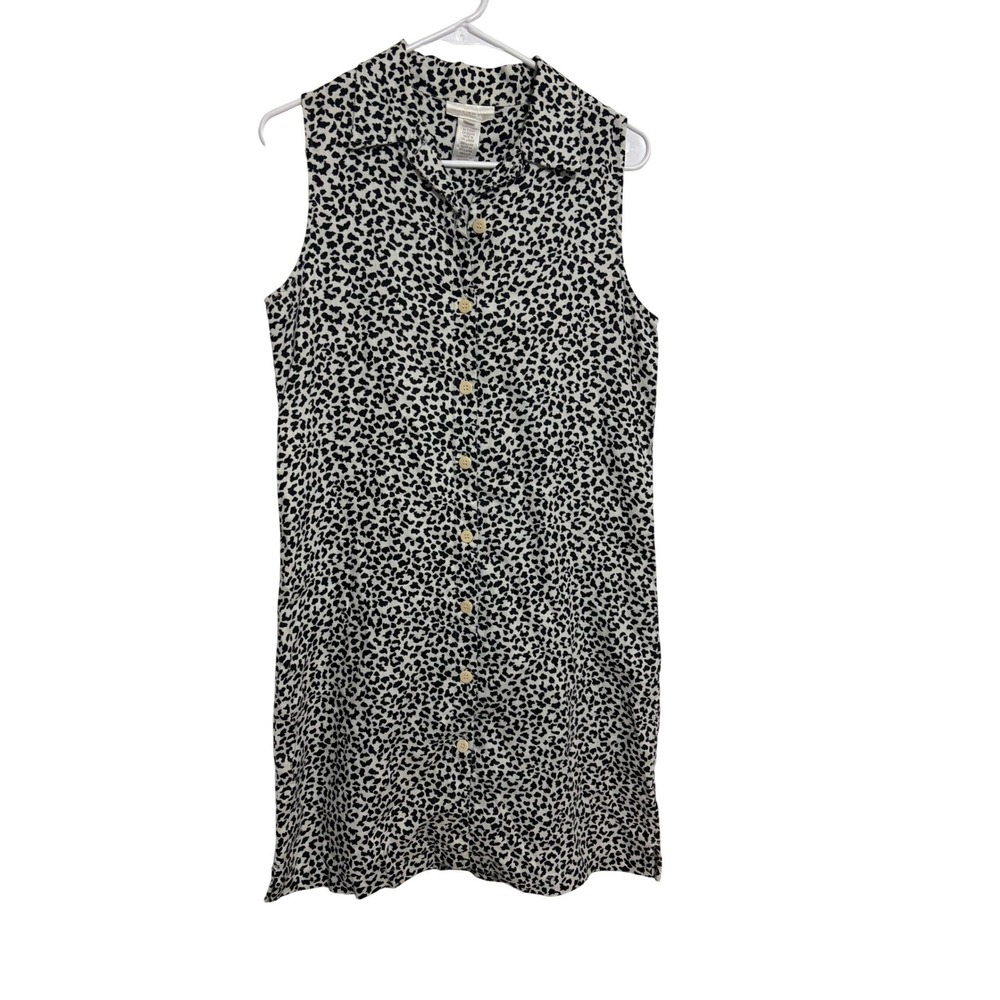 Jones New York Sport Shift Dress‎ Animal Print Black White 100% Linen Button 6